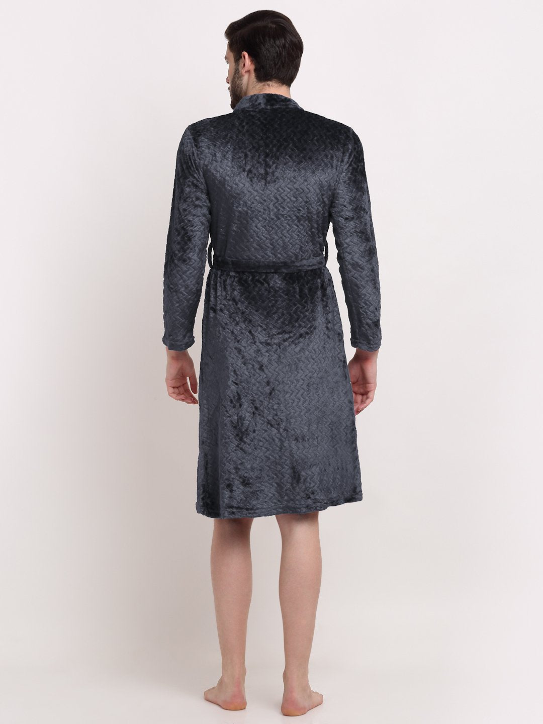 Men Grey Self Design Wool Bath Robe With Belt