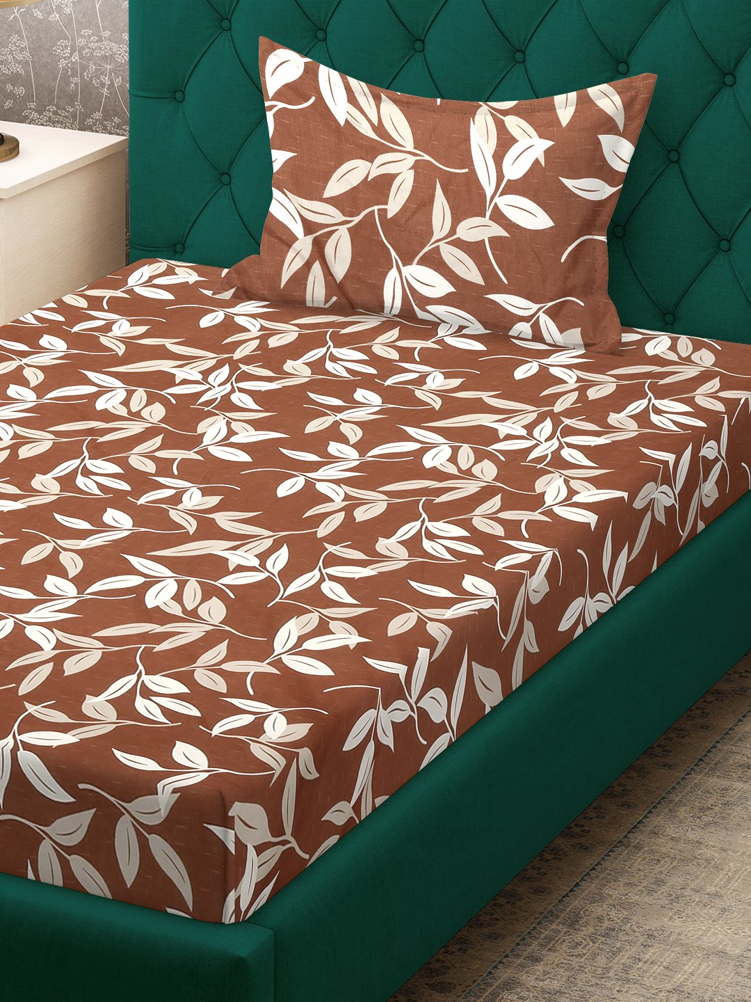 Brown Floral 300 TC Cotton Blend Single Bedsheet with Pillow Cover