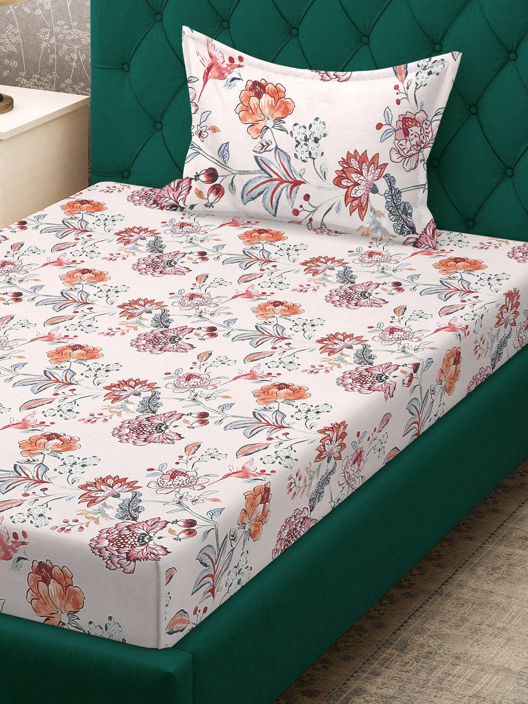 Multi Floral 300 TC Cotton Blend Fitted Single Bedsheet in Book Fold Packing