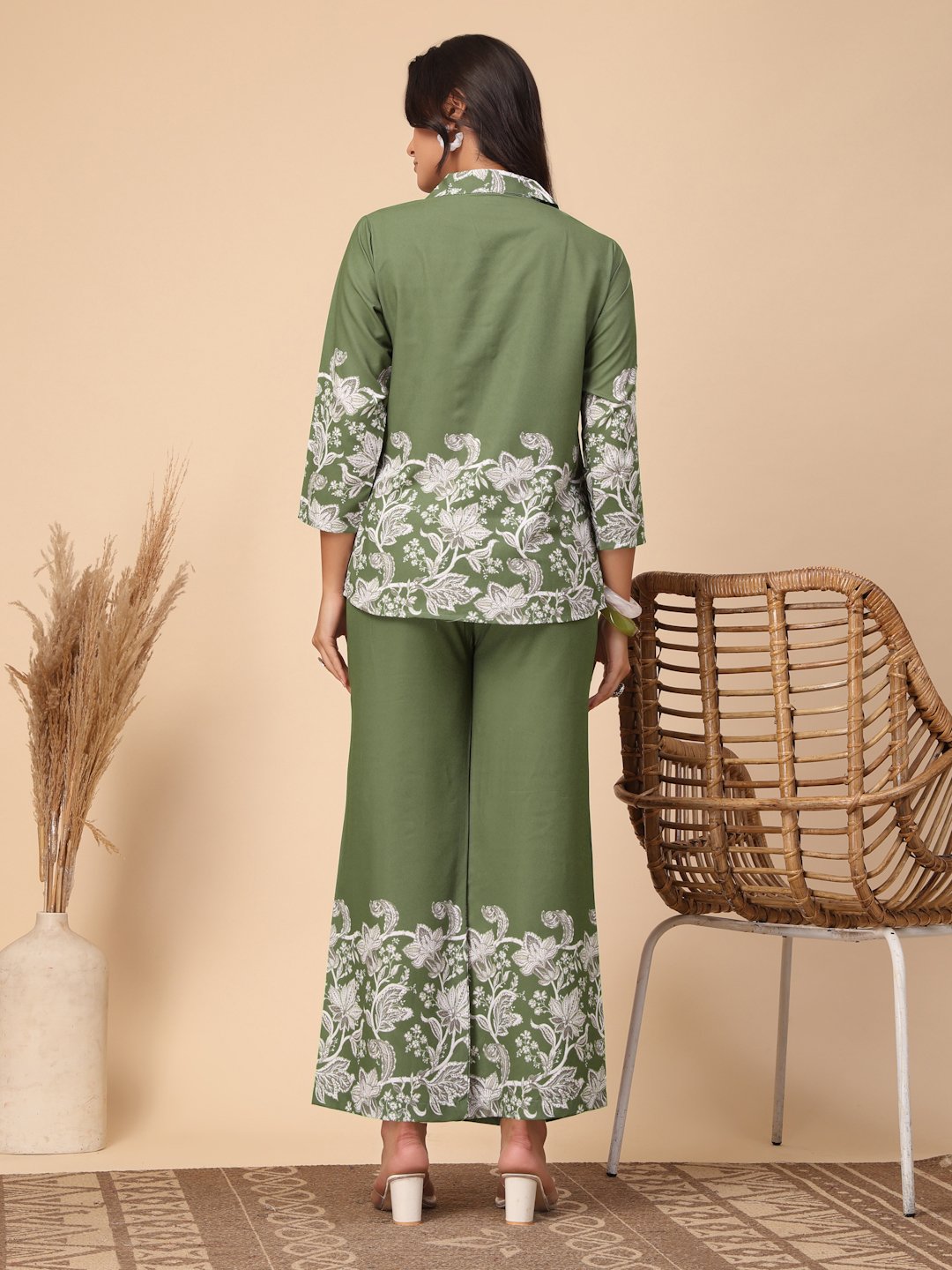 Green Cotton Printed Shirt With Trousers Co-Ords Set