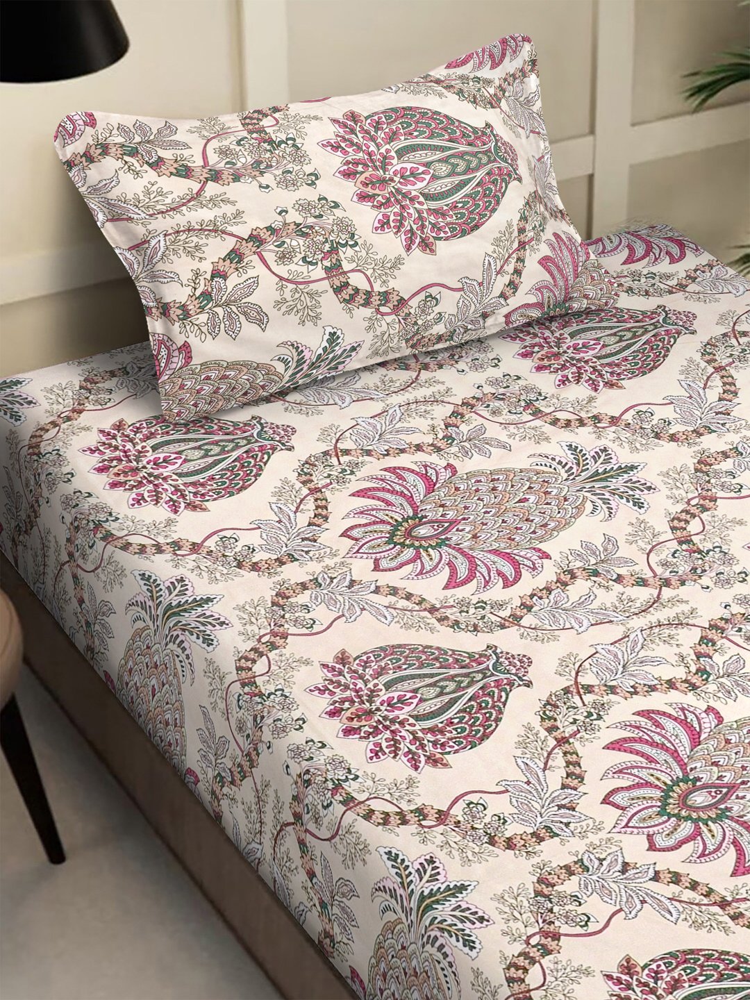 Multi Floral 300 TC Cotton Blend Single Bedsheet with Pillow Cover