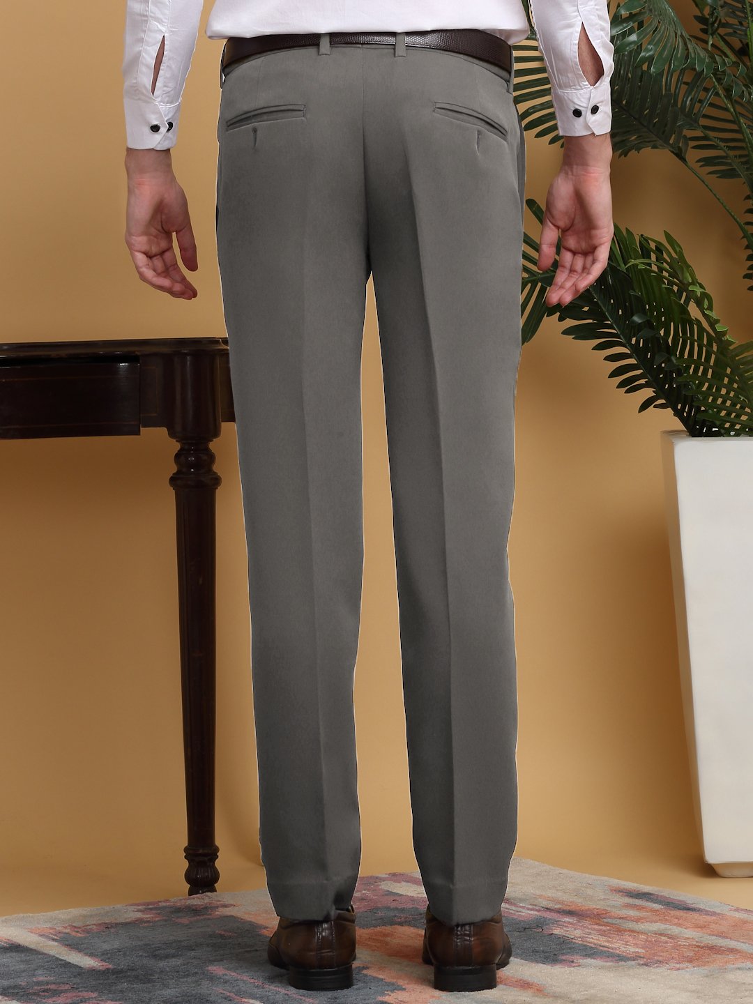 Grey Lycra Cotton Elastic Solid Slim Fit Formal Trouser