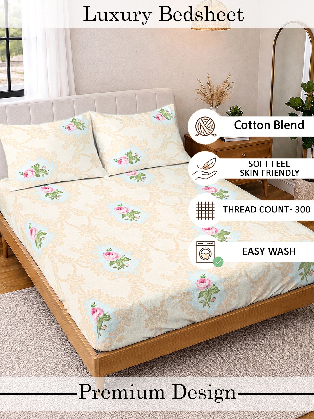 Cream Floral Cotton Blend Double Bedsheet with 2 Pillow Covers