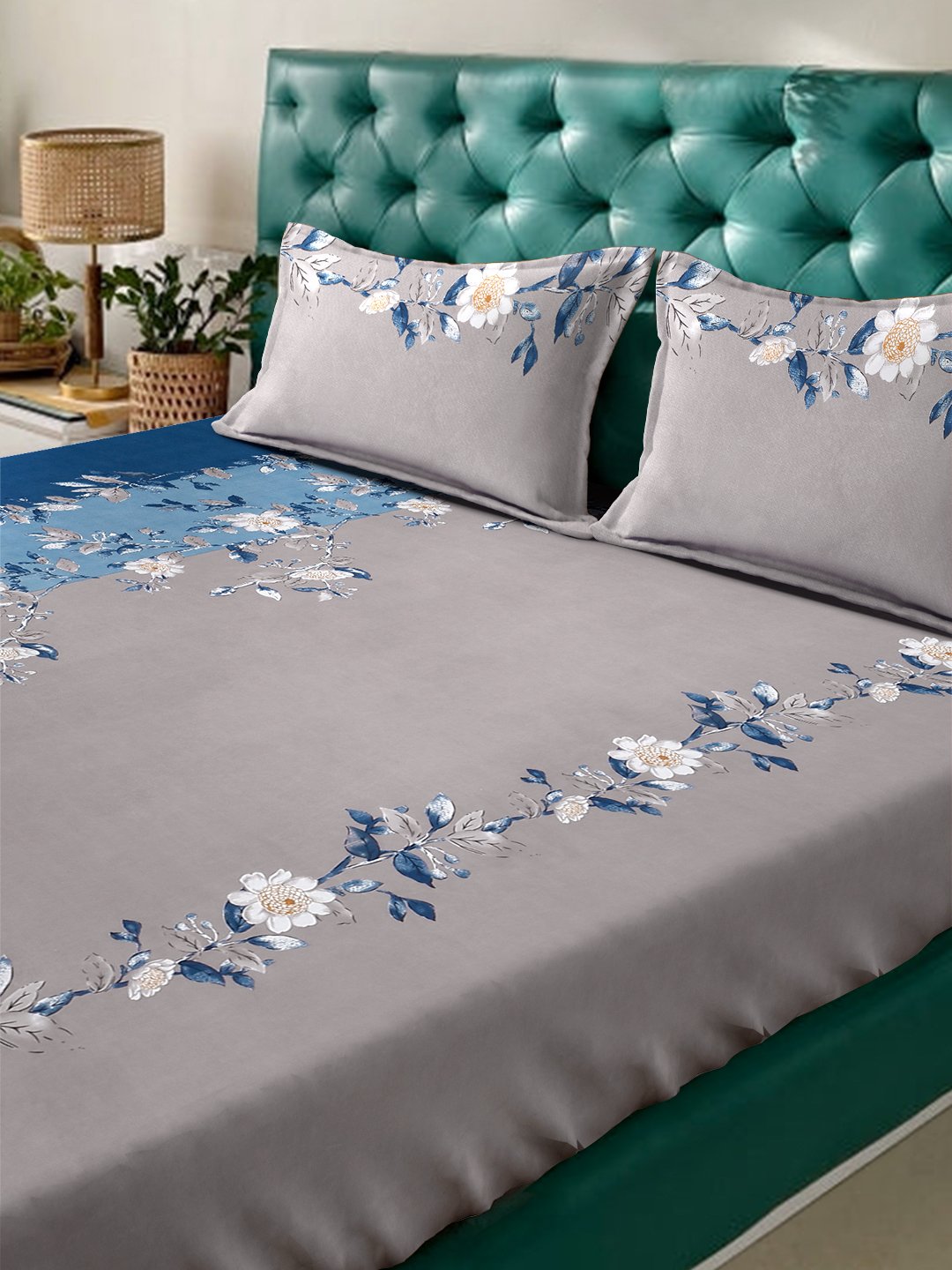 Grey Floral  300 TC Cotton Blend Fitted Double Bedsheet with 2 Pillow Covers