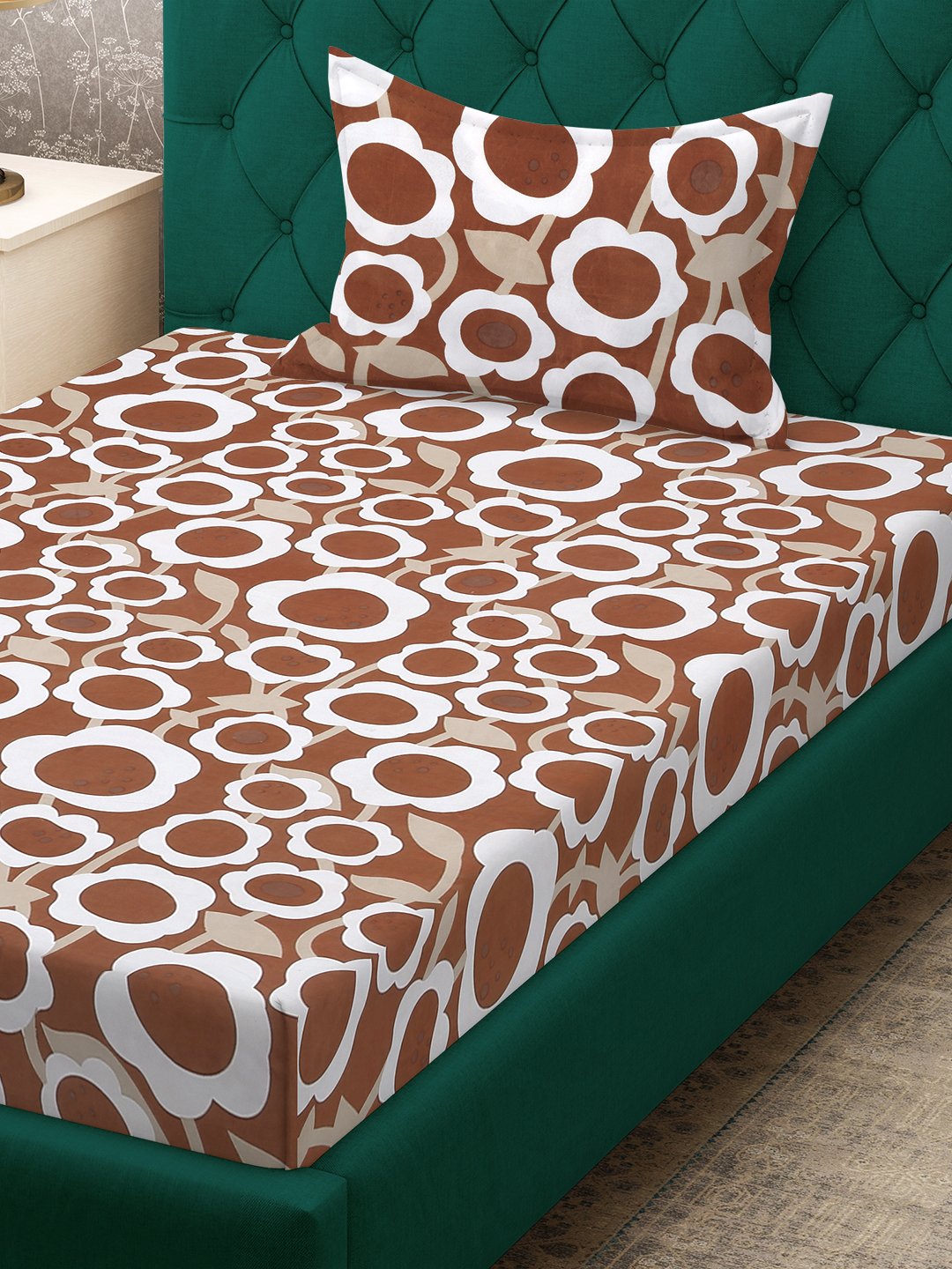 Rust Floral 300 TC Cotton Blend Fitted Single Bedsheet Set in Book Fold Packing