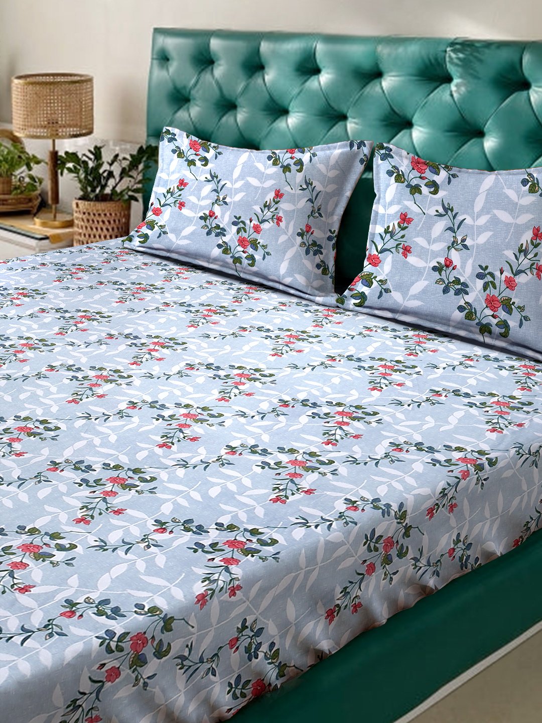 Multi Floral 300 TC Cotton Blend Fitted Super King Double Bedsheet with 2 Pillow covers