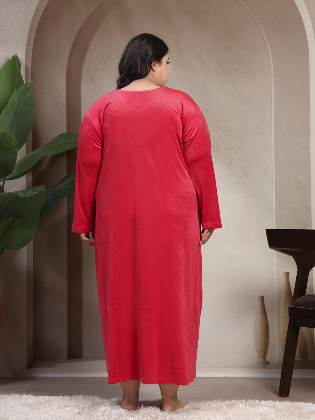 Klotthe Red Solid Soft touch Velvet Maxi Nightdress