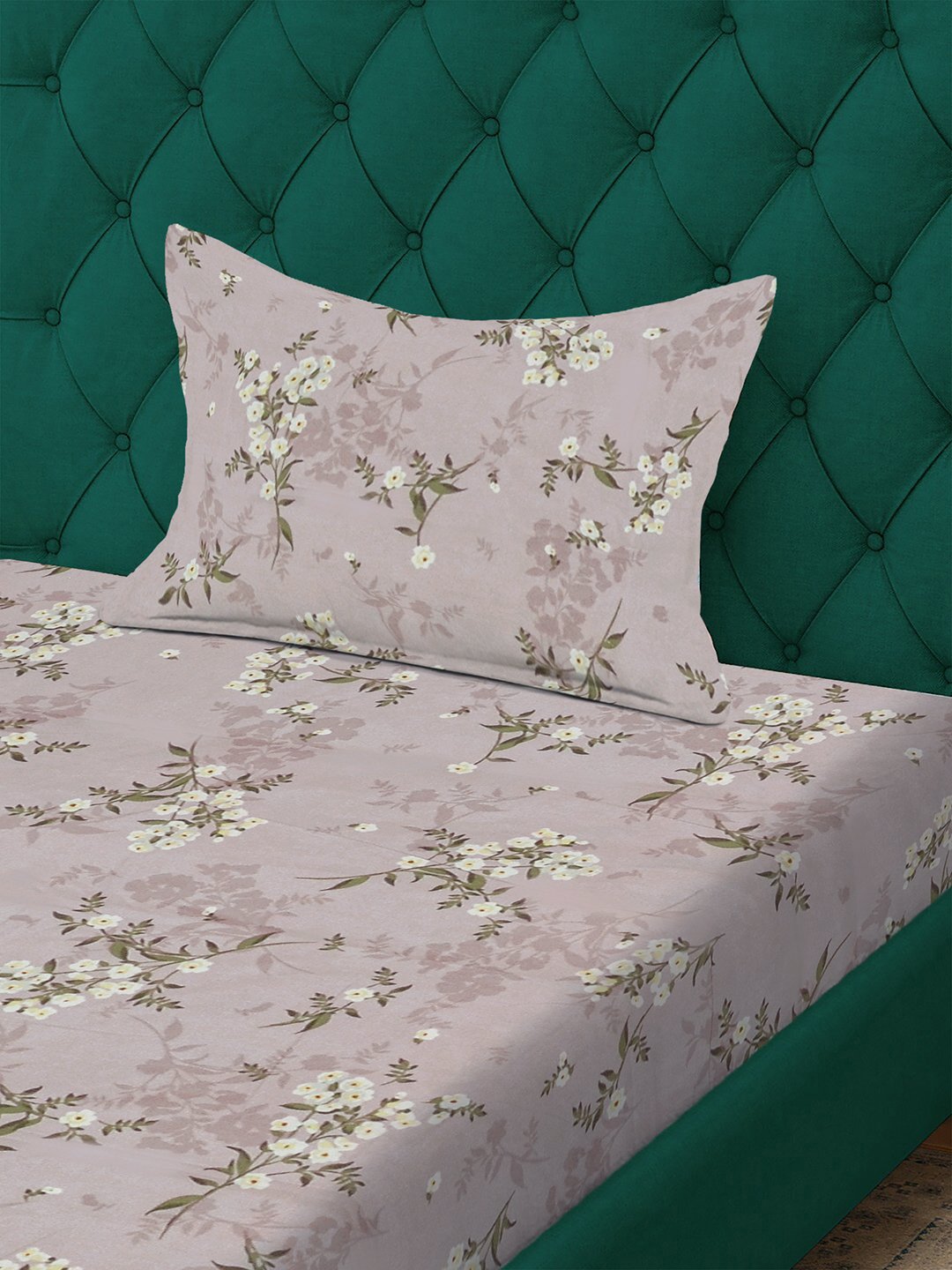 Brown Floral 300 TC Cotton Blend Single Bedsheet with Pillow Cover