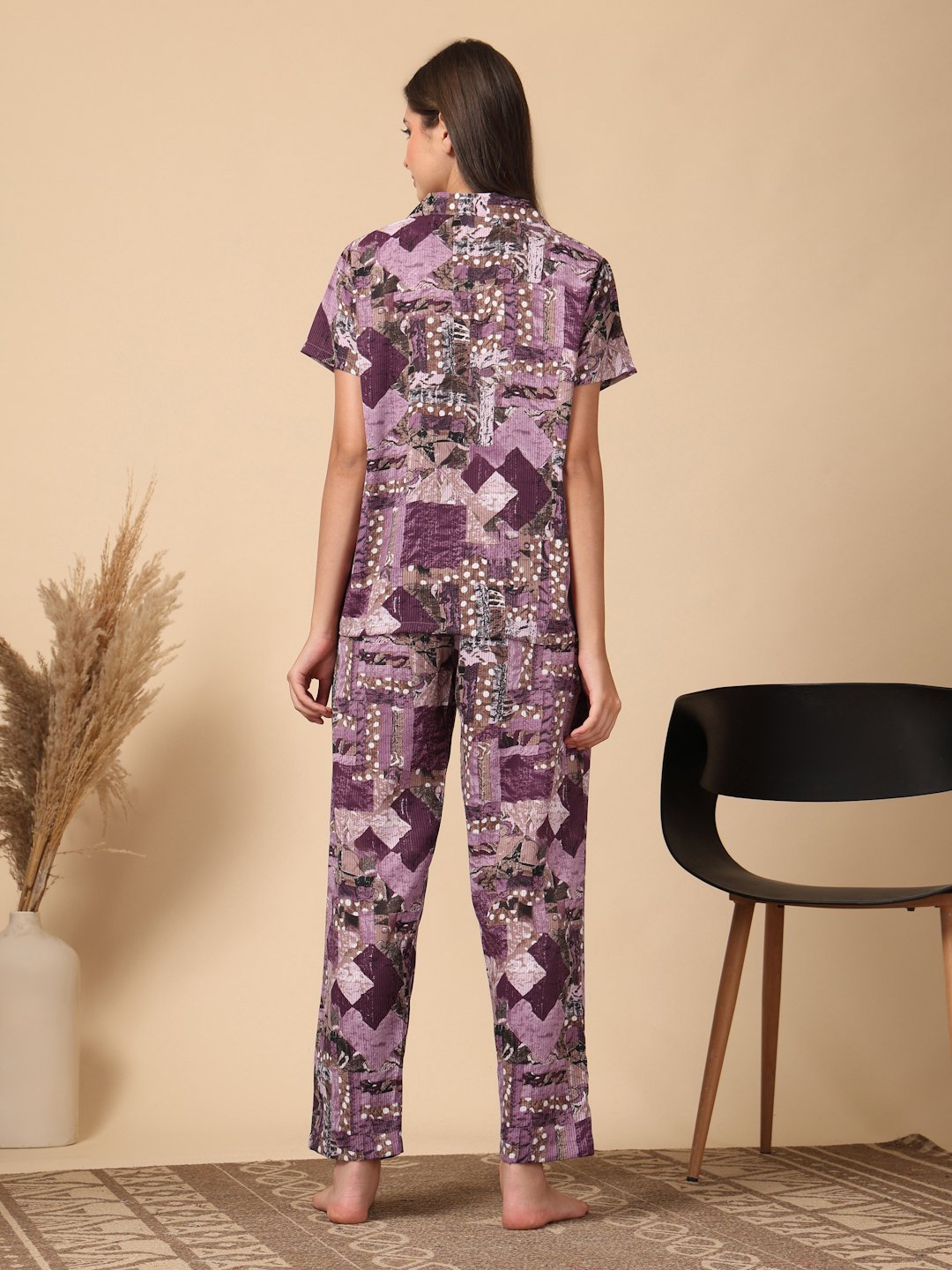 Purple Geometric Cotton Blend Women Night Suit
