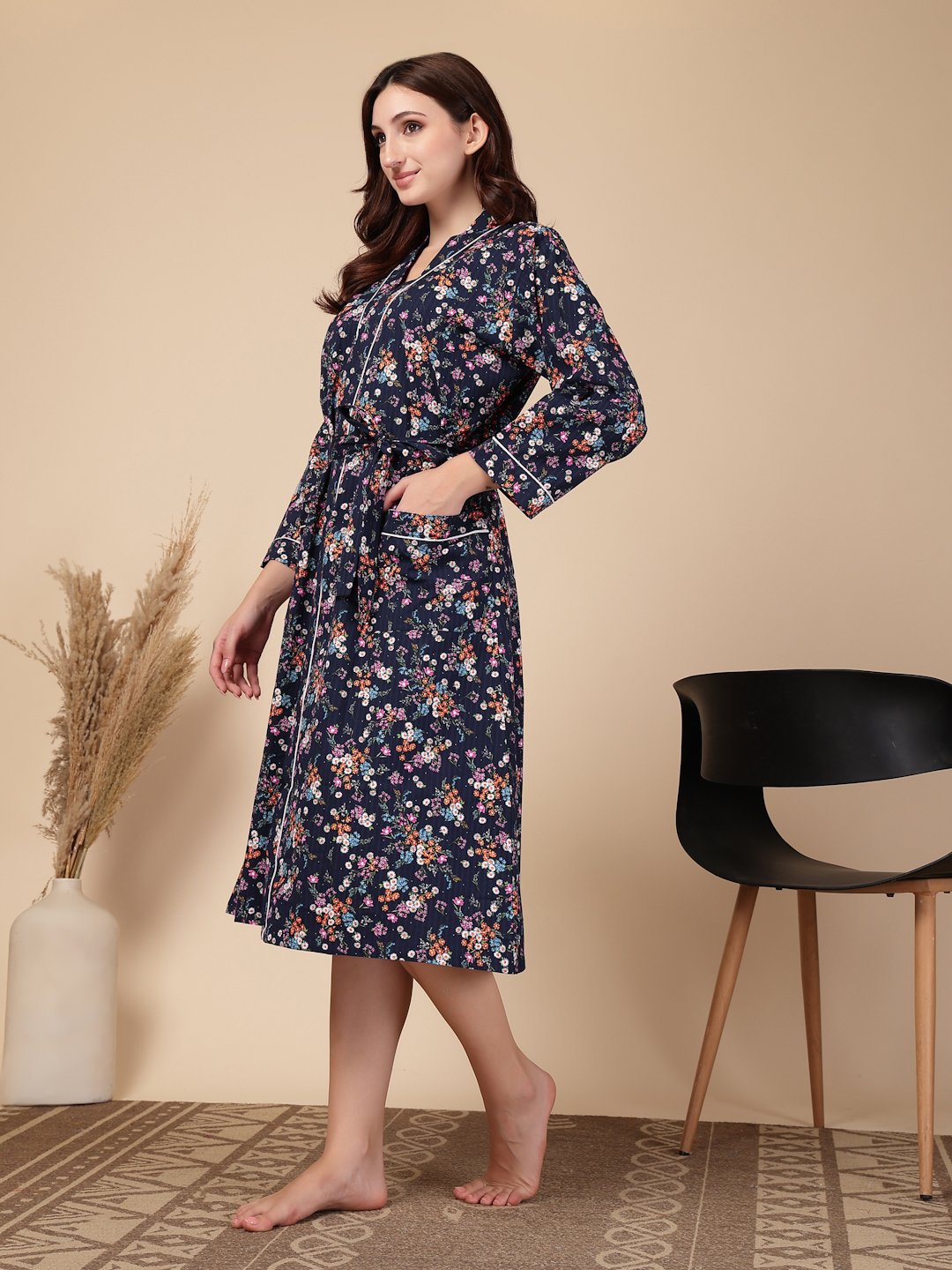 Women Printed Blue Floral Pure Cotton Bath Robe With Belt