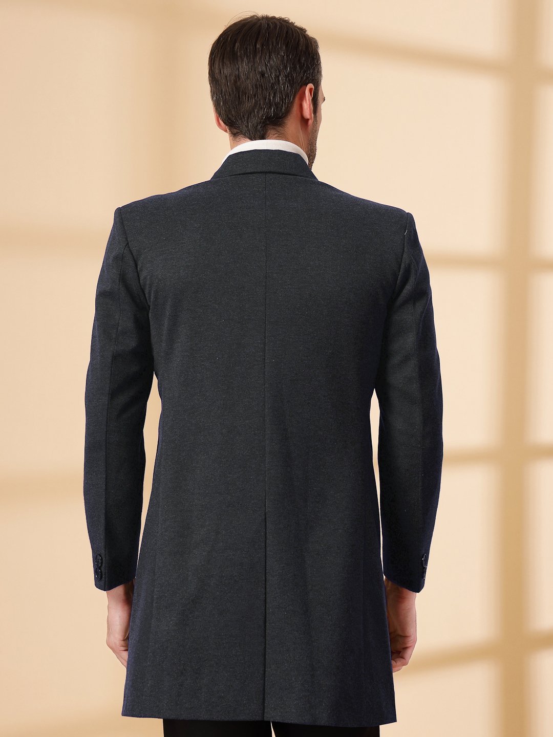 Dark Grey Long Sleeve Double-Breasted Woolen Coat