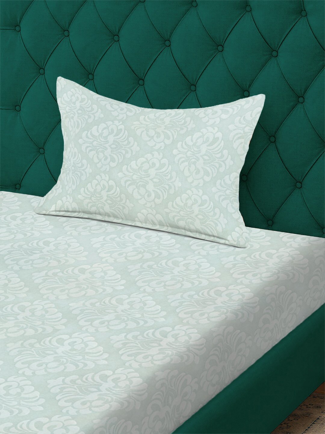 Green Floral Embossed Cotton Blend Fitted Single Bedsheet with Pillow Cover