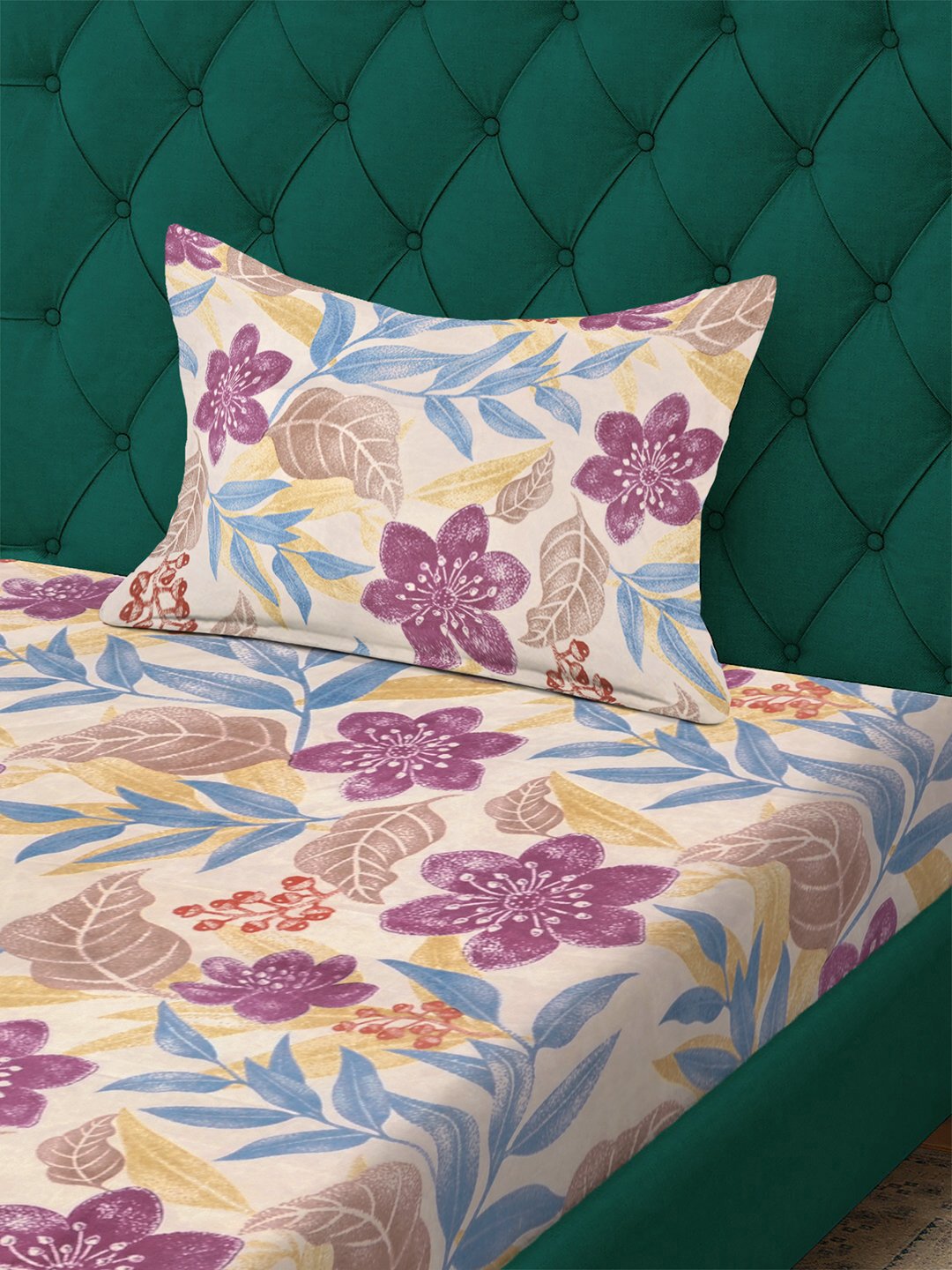 Multi Floral 300 TC Cotton Blend Single Bedsheet with Pillow Cover