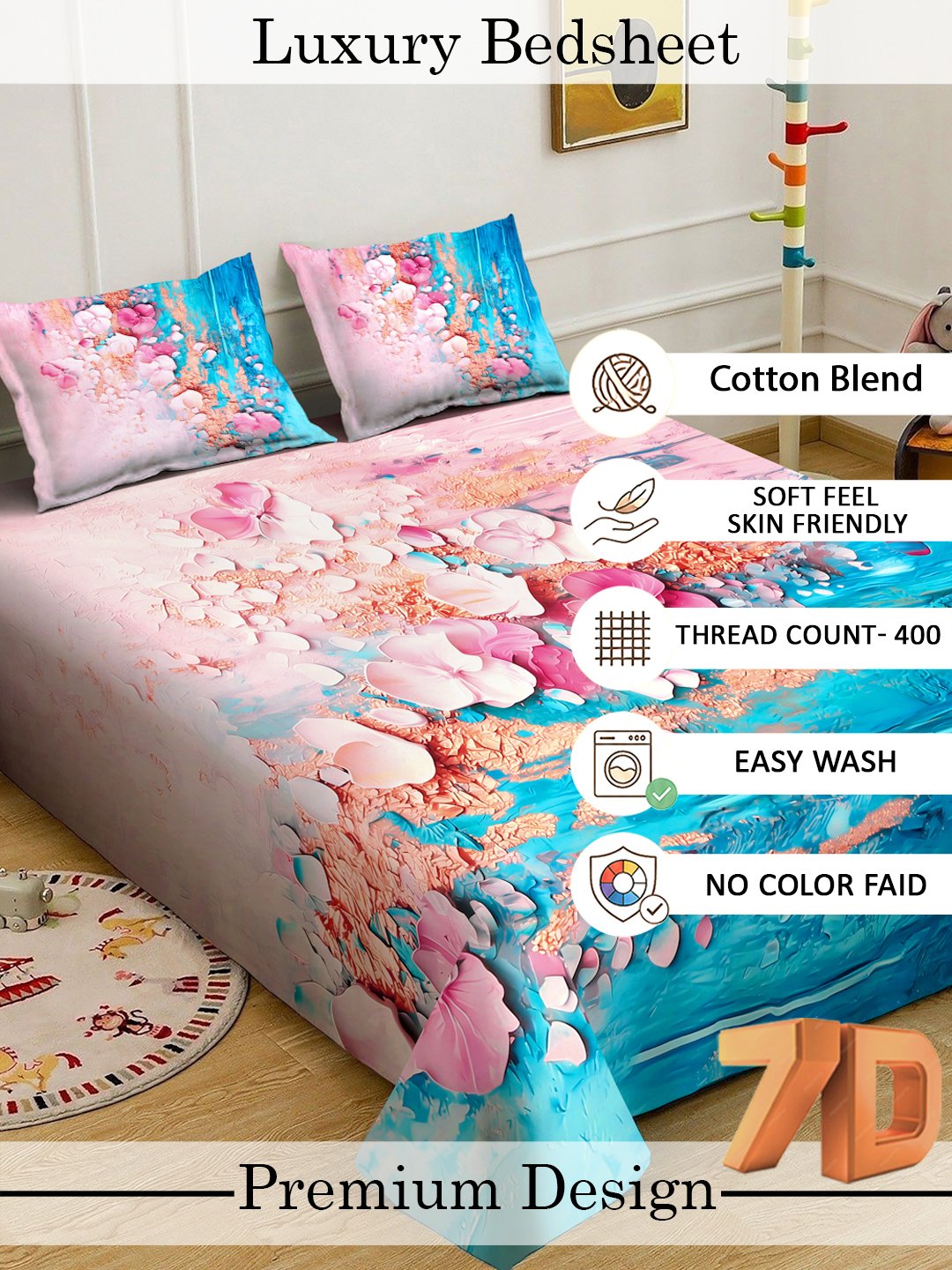 Blue Digital Floral Printed Cotton Blend Fitted Double Bedsheet with 2 Pillow Covers