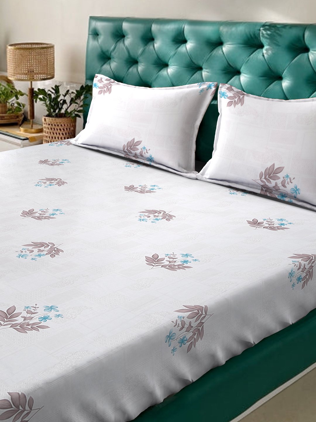 White Floral 400 TC Pure Cotton Super King Double Bedsheet with 2 Pillow Covers