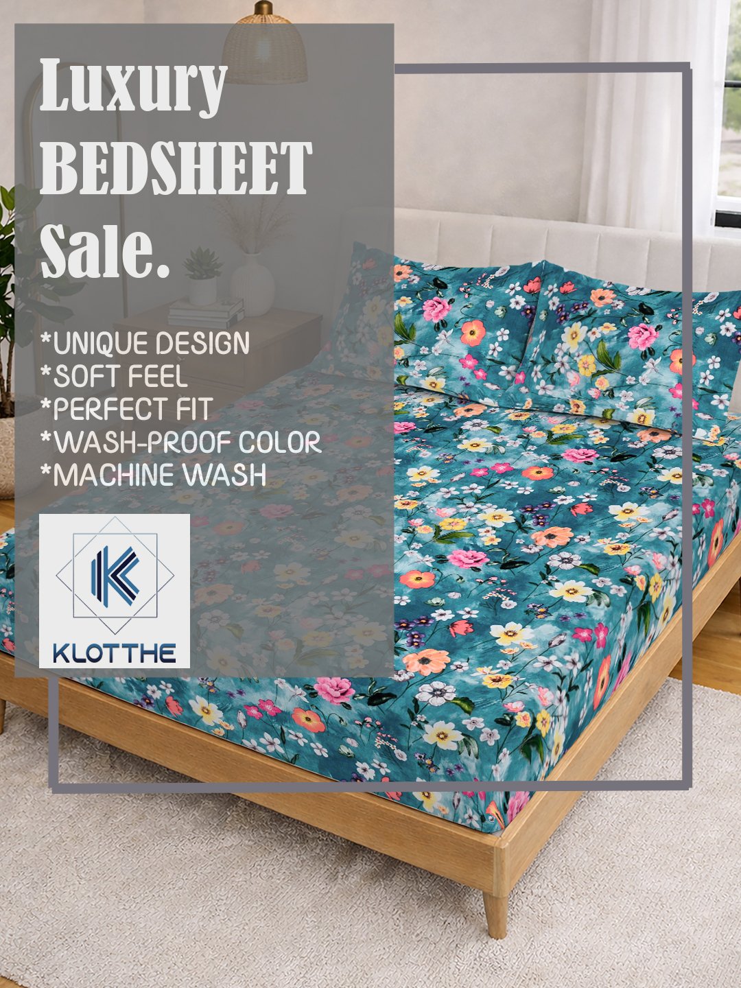 Blue Floral Cotton Blend Double Bedsheet with 2 Pillow Covers