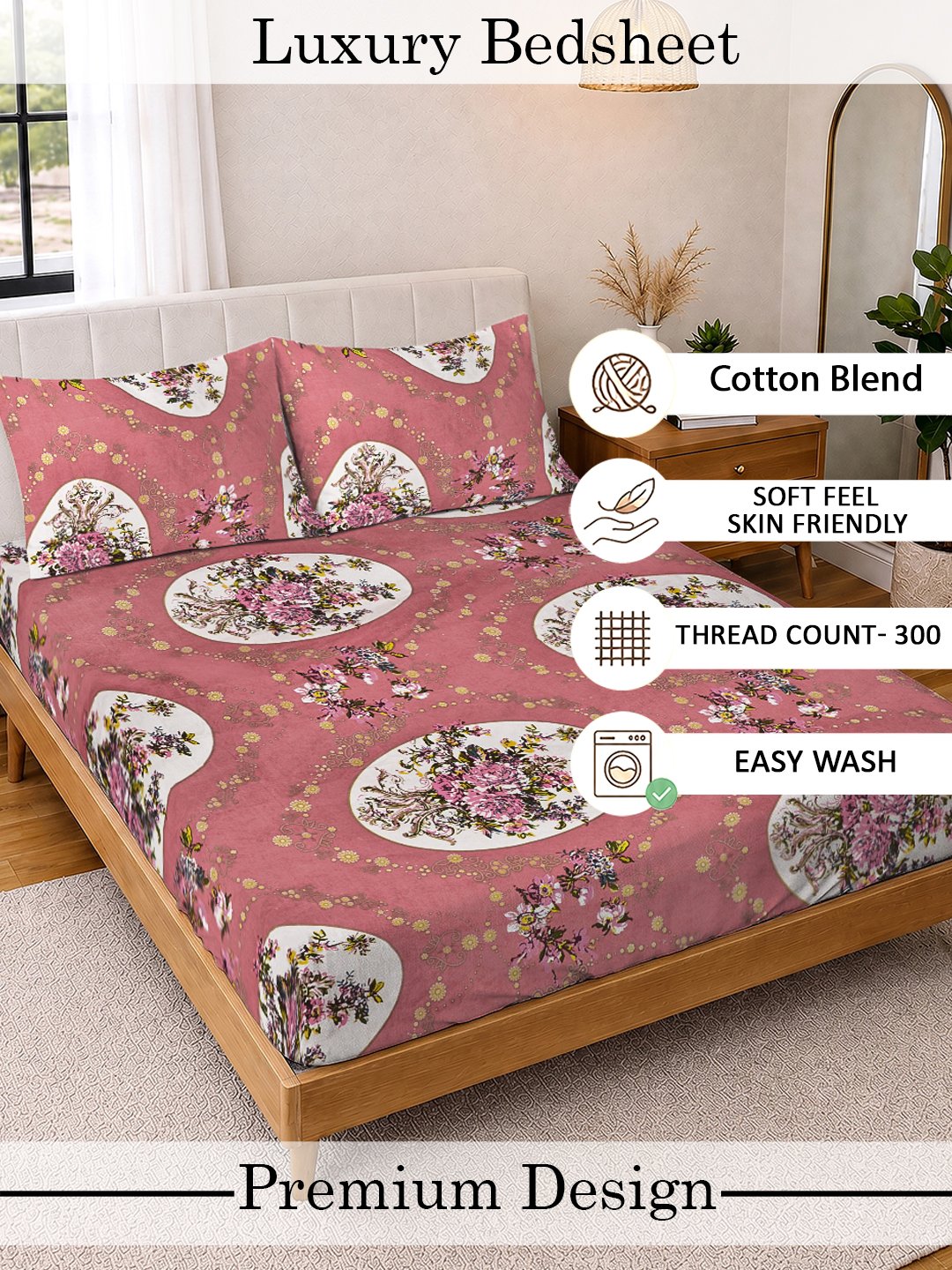Rust Floral Cotton Blend Fitted Double Bedsheet with 2 Pillow Covers