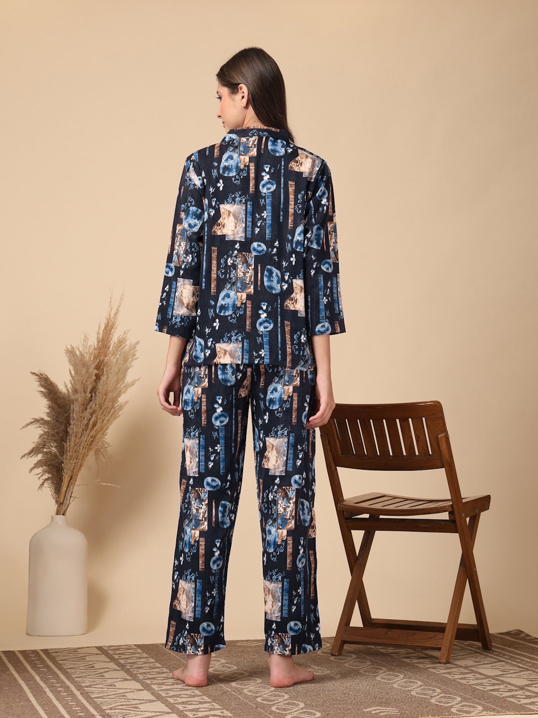 Blue Geometric Cotton Blend Women Night Suit