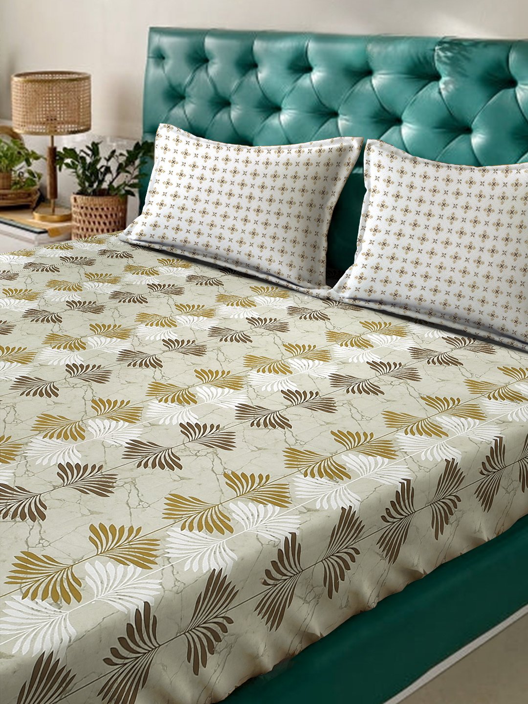 Olive Floral 400 TC Pure Cotton Fitted Double Bedsheet with 2 Pillow Covers