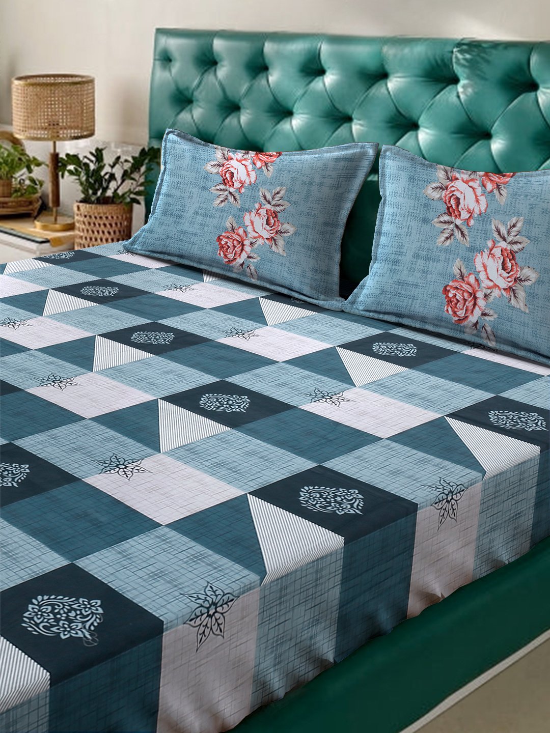 Blue Geometric 400 TC Pure Cotton Super King Double Bedsheet with 2 Pillow Covers