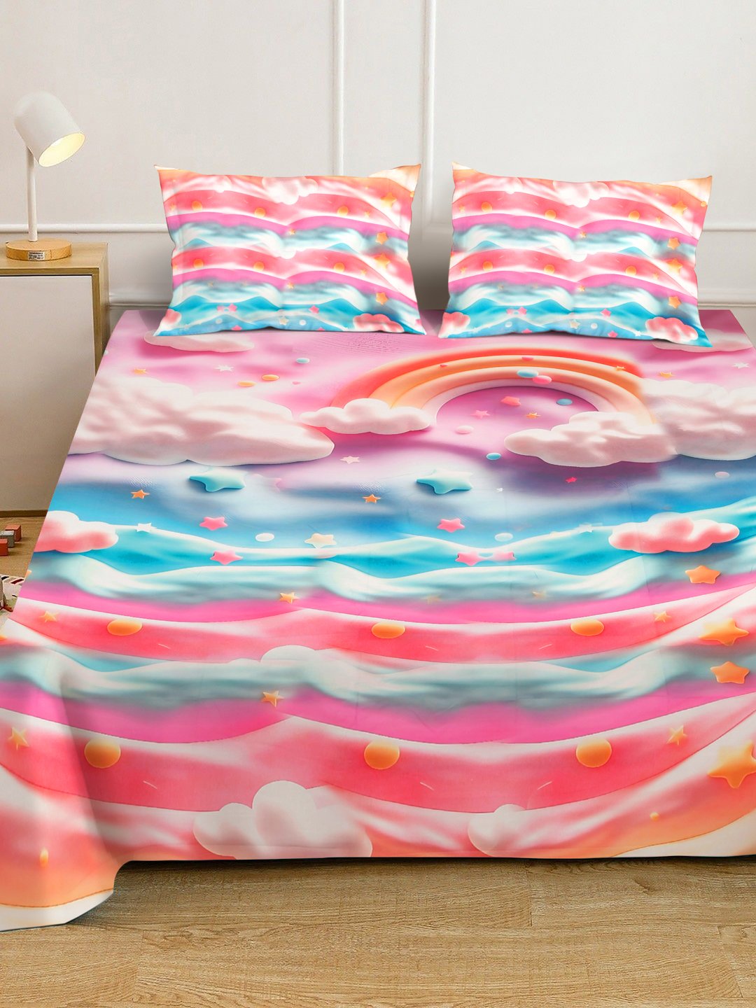 Multi 7D Cartoon Characters Printed Fitted Cotton Blend Double Bedsheet with 2 Pillow Covers