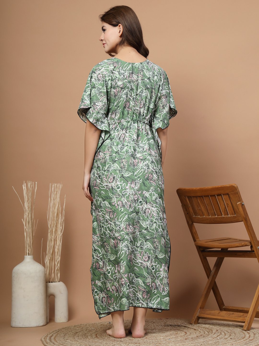 Green Floral Cotton Blend Kaftan Maxi Nightdress