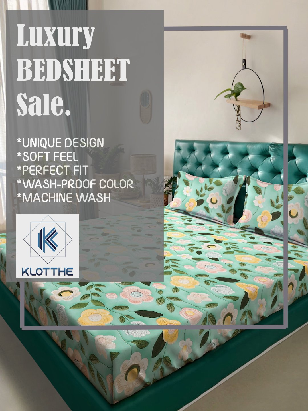 Green Floral 7D King Size Cotton Blend Fitted Double Bedsheet with 2 Pillow Covers