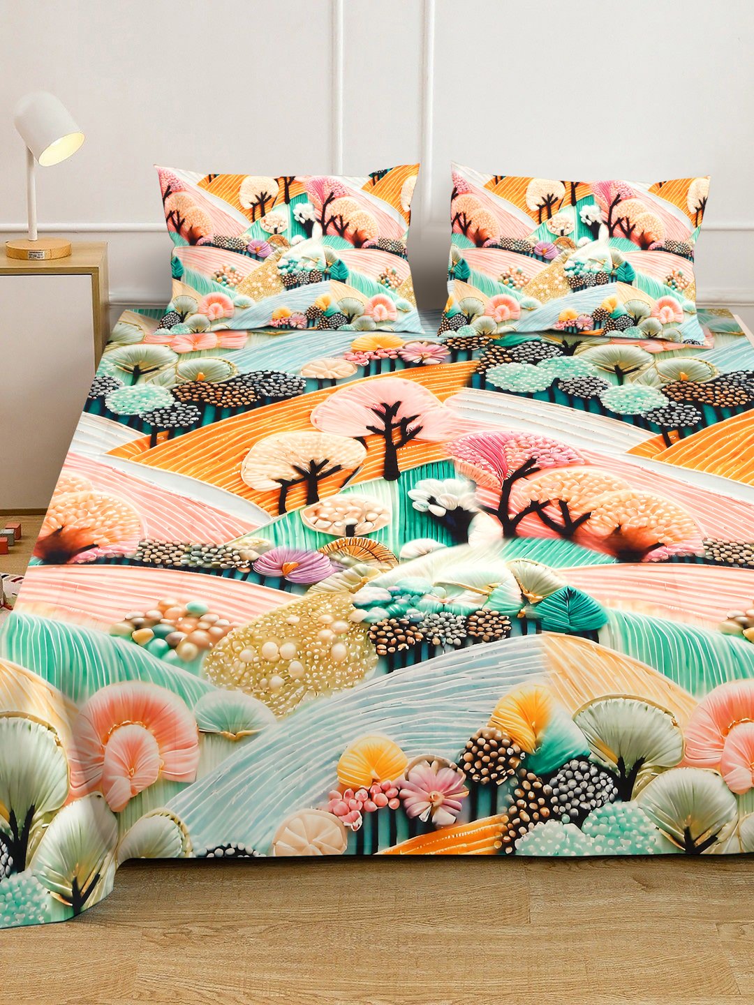 Multi 7D Floral Printed Fitted Cotton Blend Double Bedsheet with 2 Pillow Covers