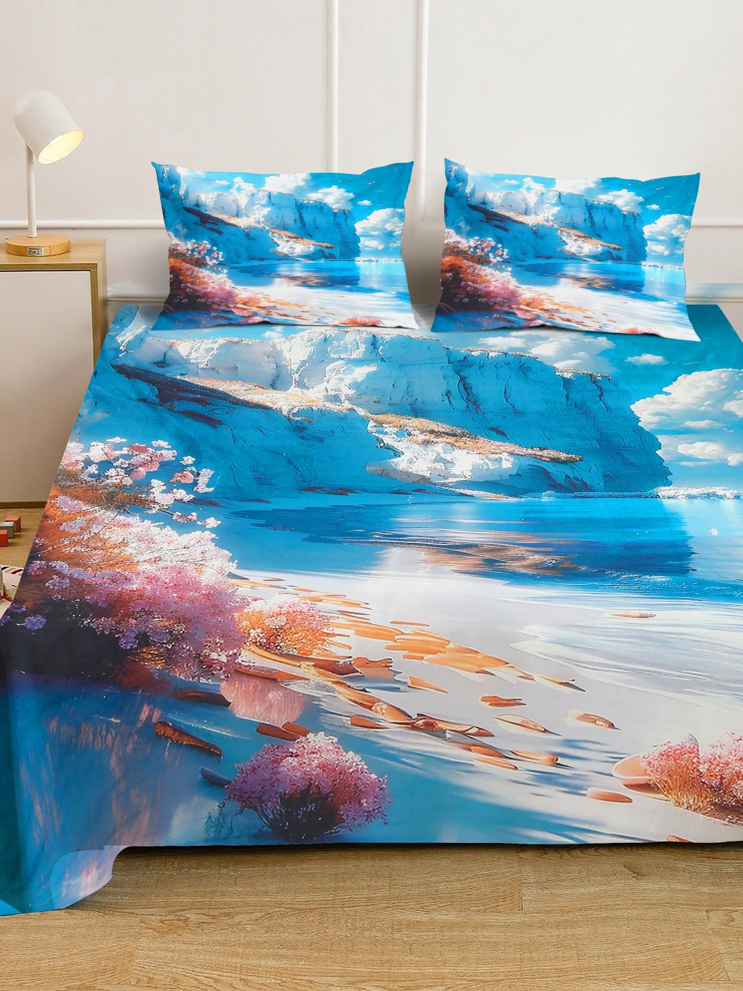 Blue 7D Floral Printed Fitted Cotton Blend Double Bedsheet with 2 Pillow Covers