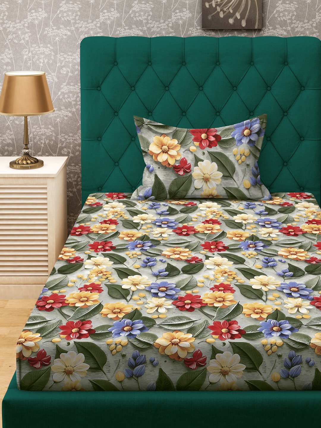 Green Floral 7D Cotton Blend Fitted Single Bedsheet with Pillow Cover