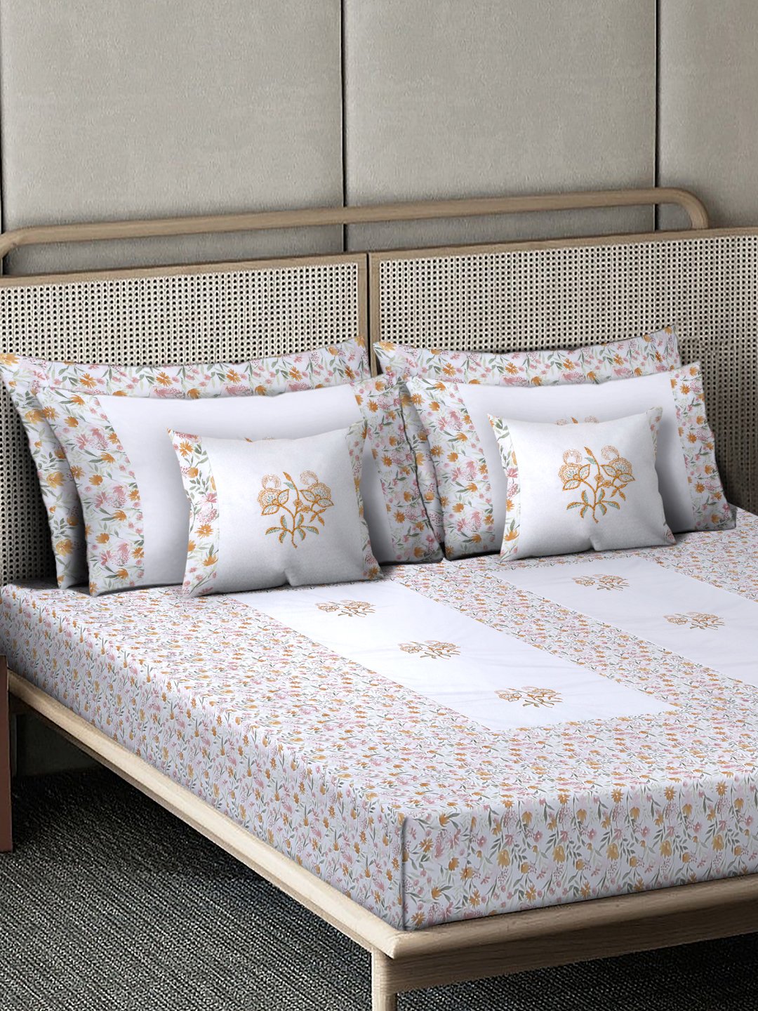 White Floral Embroidered 400 TC Cotton Fitted Double Bedsheet with 4 Pillow Covers & 2 Cushion Covers