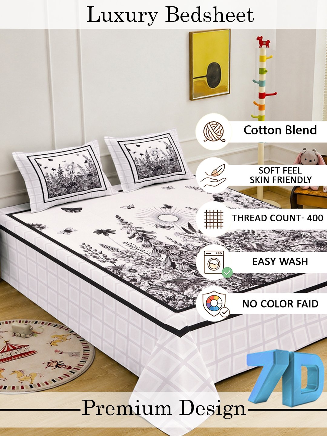 Digital White Floral Cotton Blend Double Bedsheet with 2 Pillow Covers