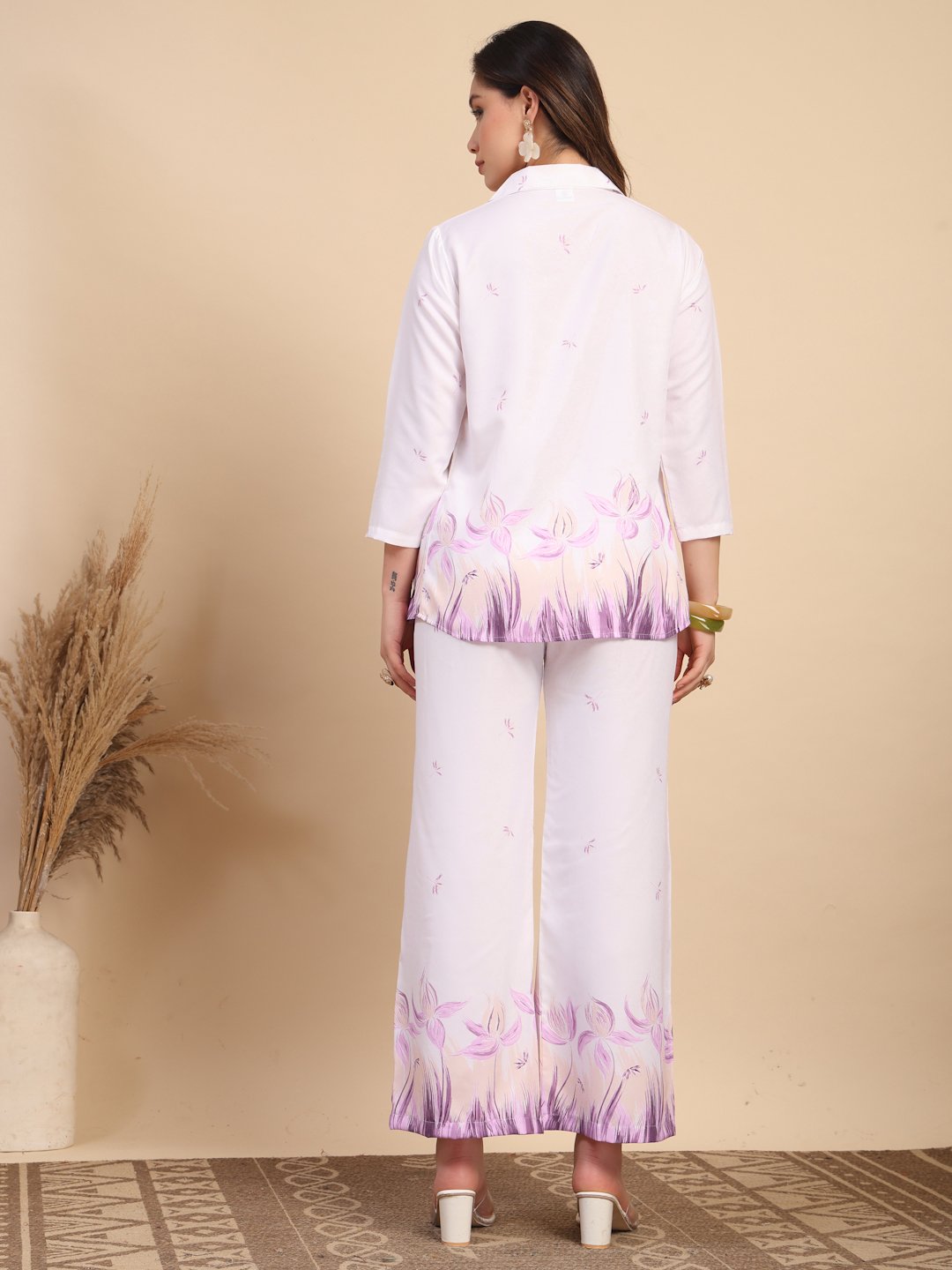 White Cotton Printed Shirt With Trousers Co-Ords Set