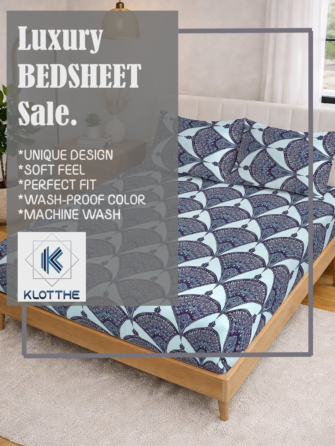 Blue Geometric Fitted Fitted Cotton Blend Double Bedsheet with 2 Pillow Covers