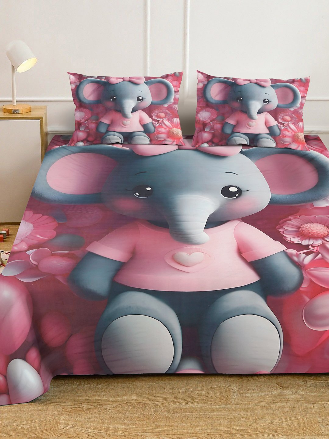Red 7D Animal Printed Fitted Cotton Blend Double Bedsheet with 2 Pillow Covers