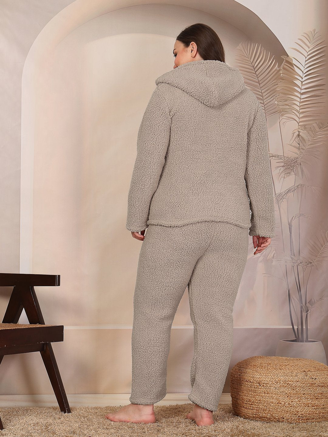 Women Beige Solid Sherpa Heavy Winter Hooded Pluz Size Woolen Night Suit