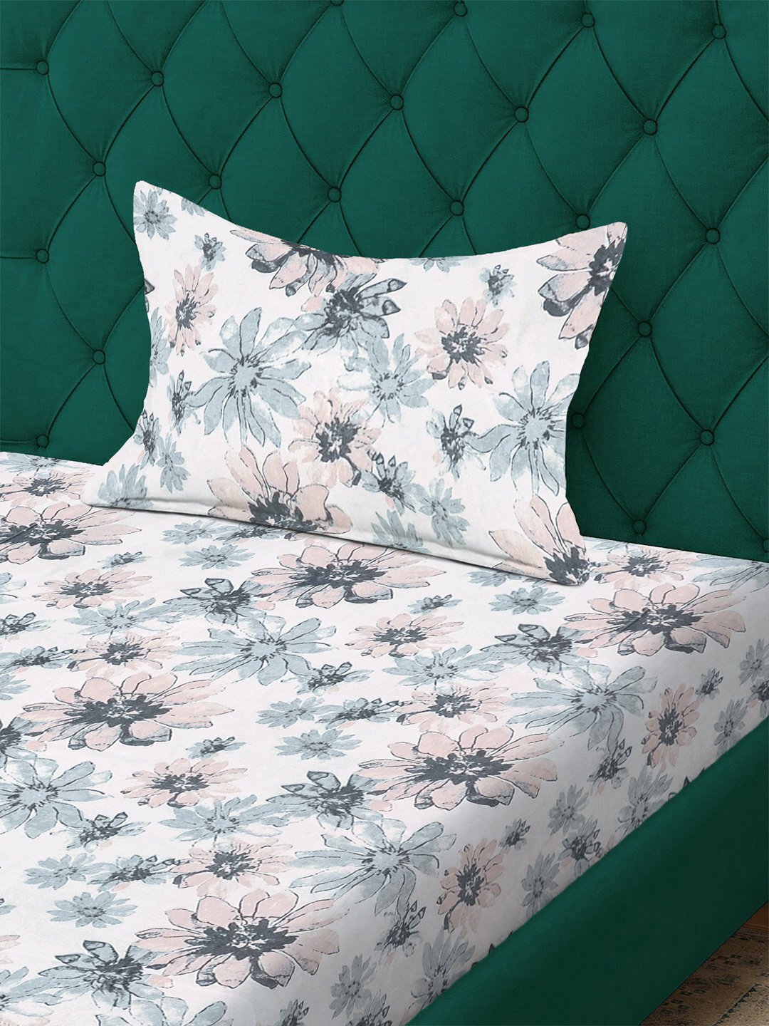 White Floral 300 TC Cotton Blend Fitted Single Bedsheet with Pillow Cover