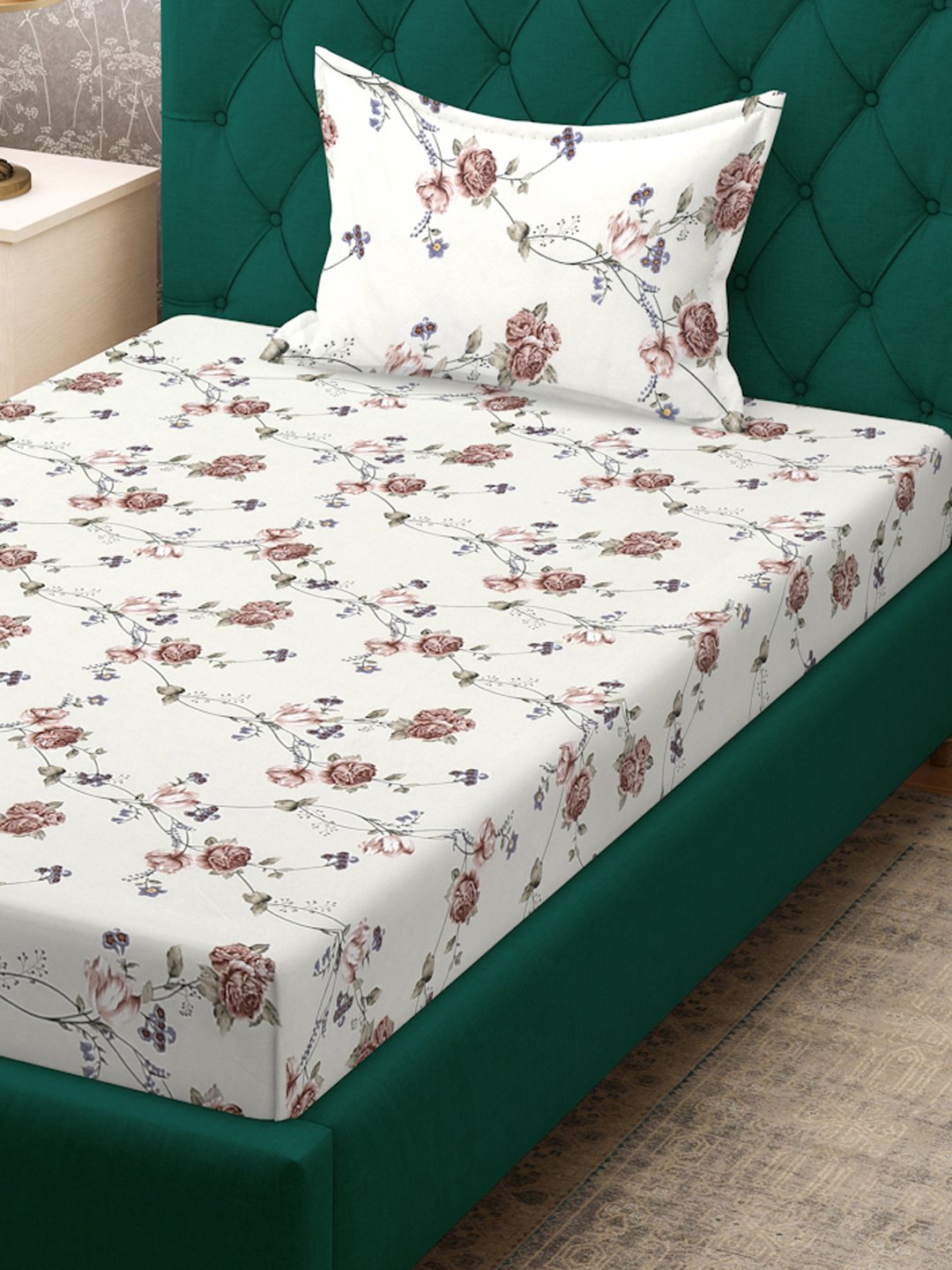 Beige Floral 300 TC Cotton Blend Fitted Single Bedsheet Set in Book Fold Packing