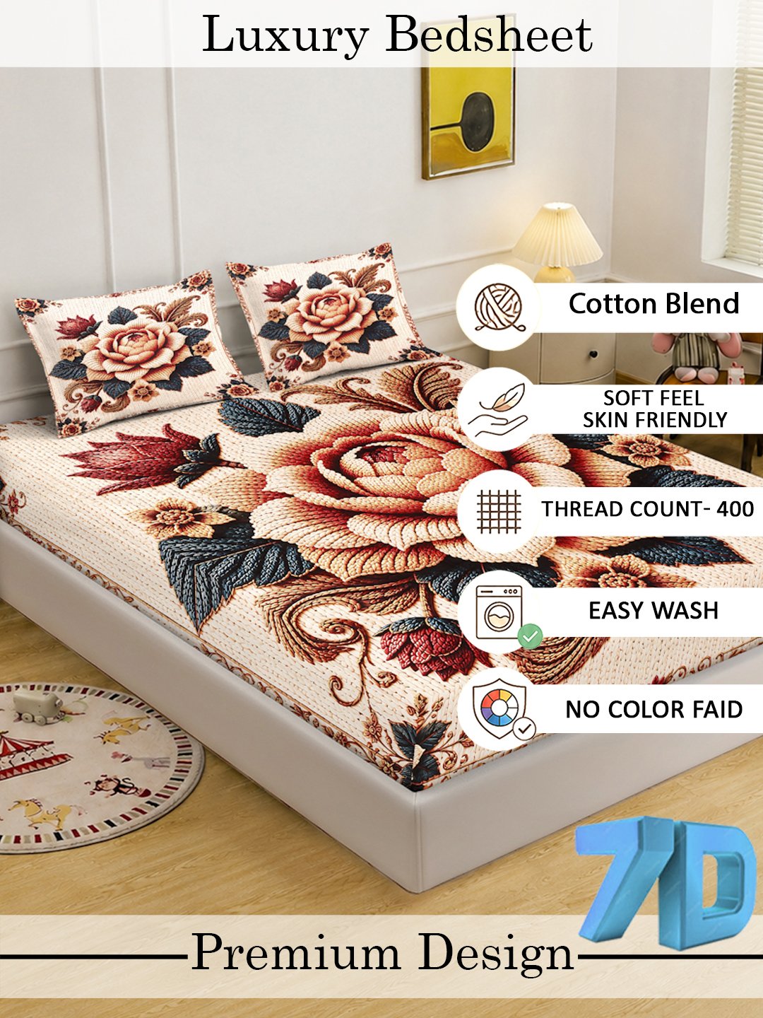 Digital Printed Multi Floral Cotton Blend Double Bedsheet with 2 Pillow Covers