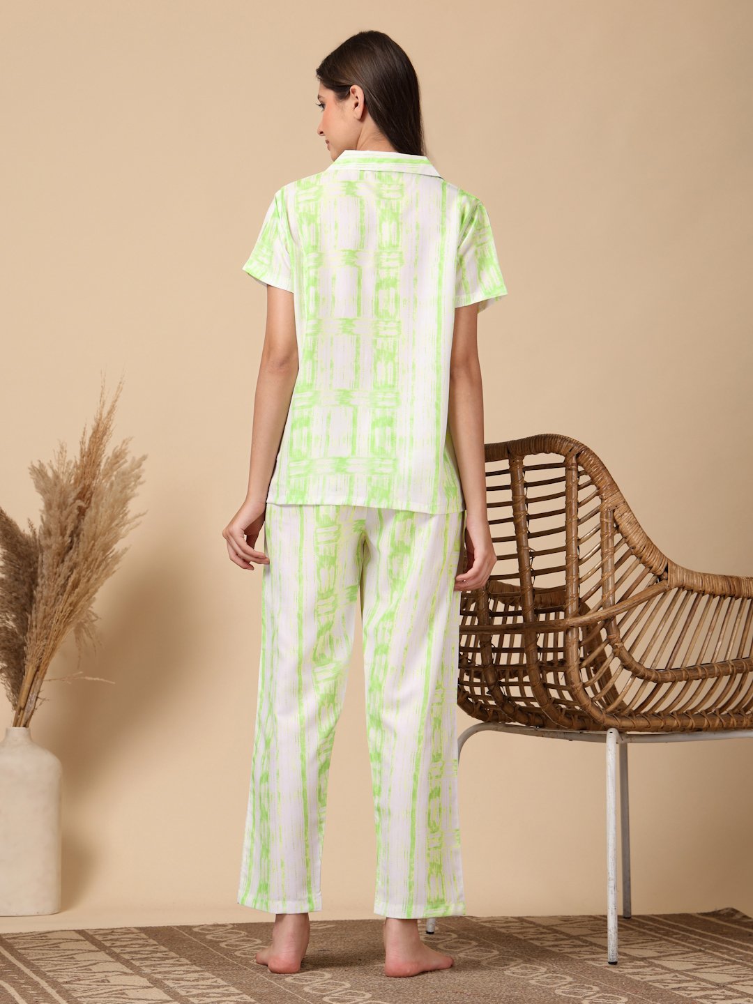 Green Striped Cotton Blend Women Night Suit