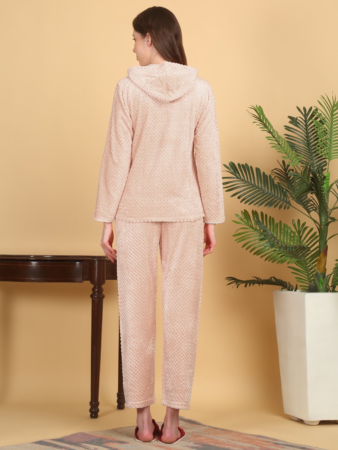 Women Peach Solid Hooded Woolen Night Suit