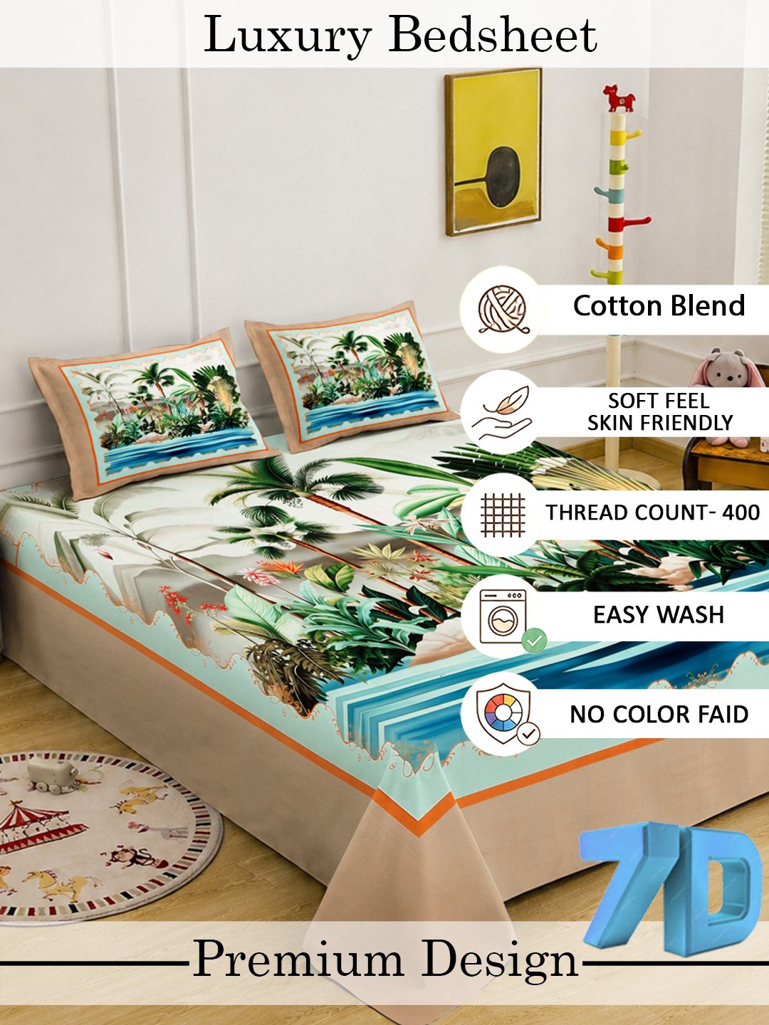 Digital Multi Floral Cotton Blend Fitted Double Bedsheet with 2 Pillow Covers