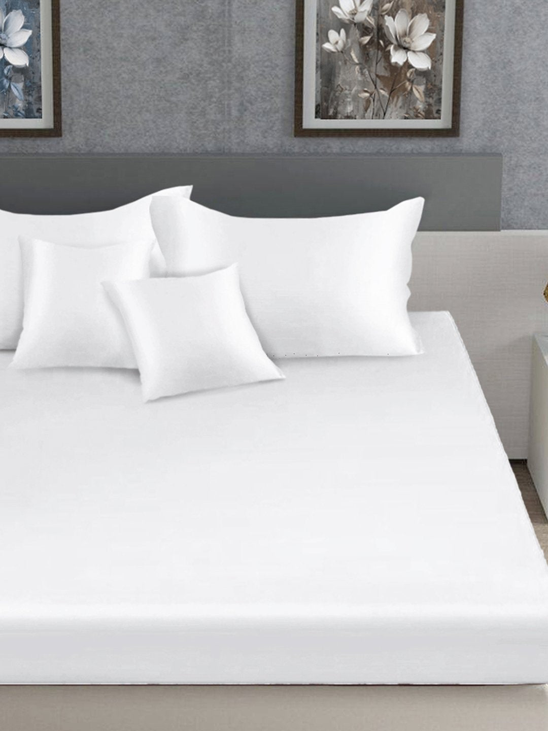 White Solid 400 TC Satin Fitted Super King Double Bedsheet with 2 Pillow Covers & 2 Cushion Covers