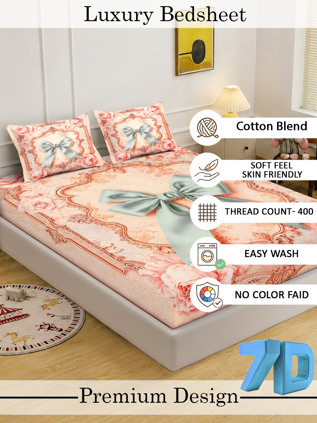 Digital Printed Peach Floral Cotton Blend Double Bedsheet with 2 Pillow Covers