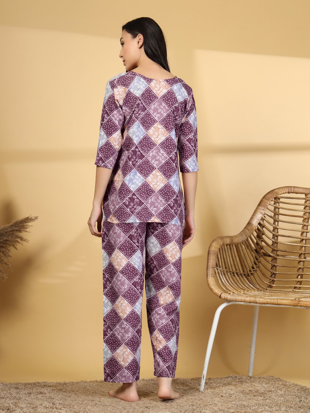 Women Purple Geometric Cotton Blend Night Suit