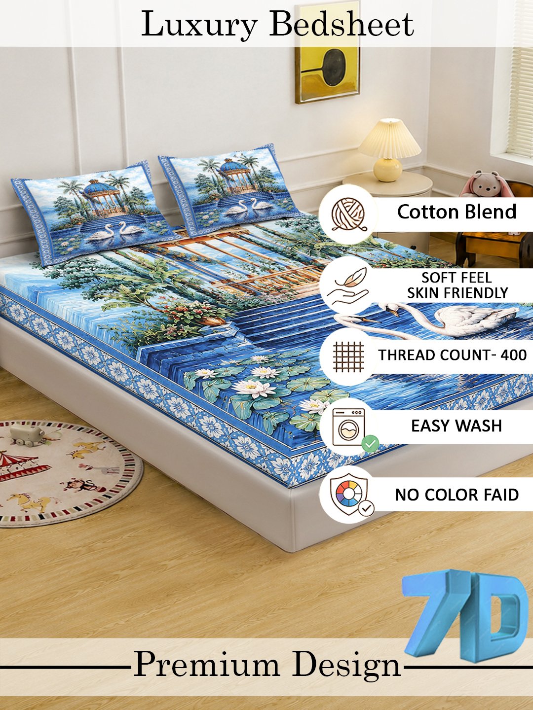 Digital Printed Blue Floral Cotton Blend Double Bedsheet with 2 Pillow Covers