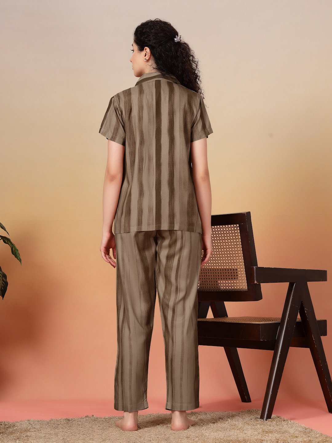 Women Brown Striped Pure Cotton Night Suit