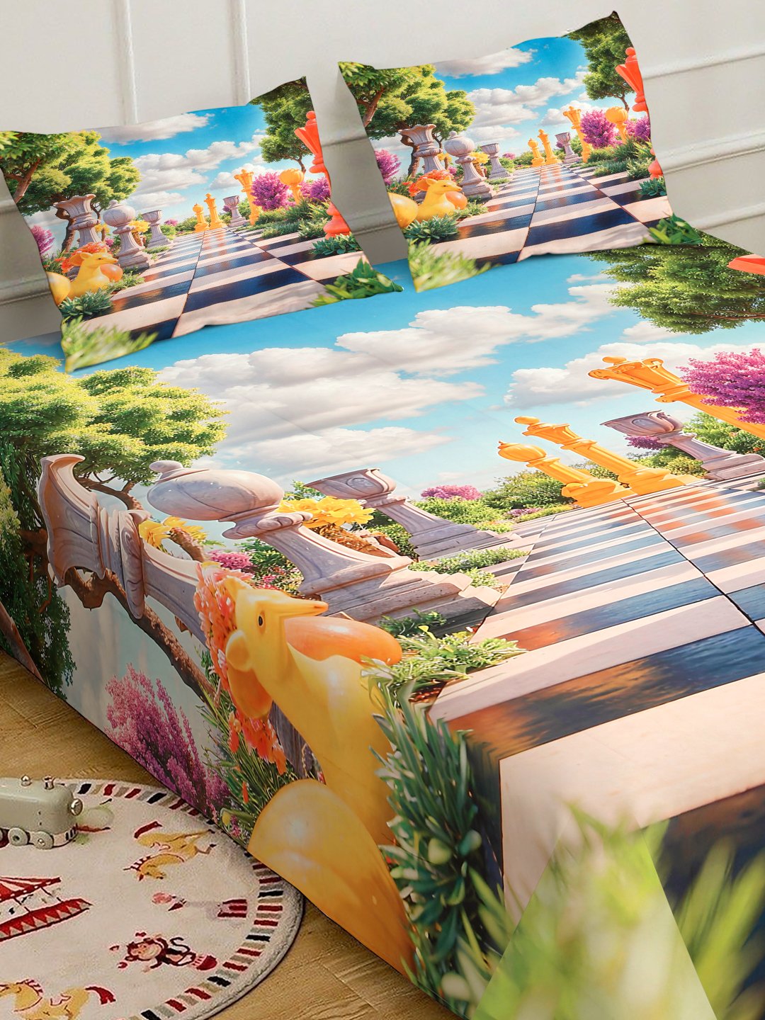 Multi Cartoon Characters 7D King Size Cotton Blend Fitted Double Bedsheet with 2 Pillow Covers