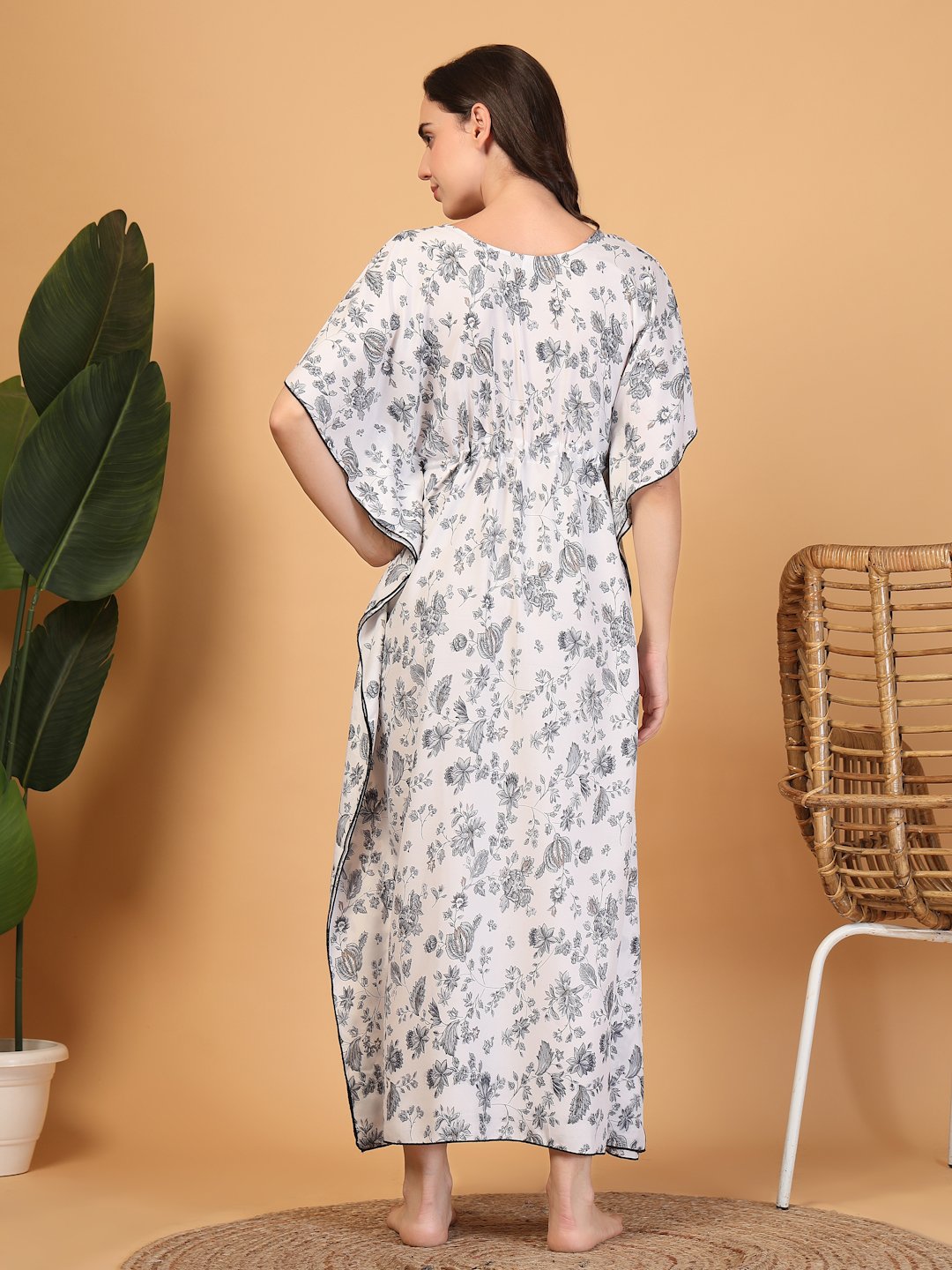 White Floral Cotton Blend Kaftan Maxi Nightdress