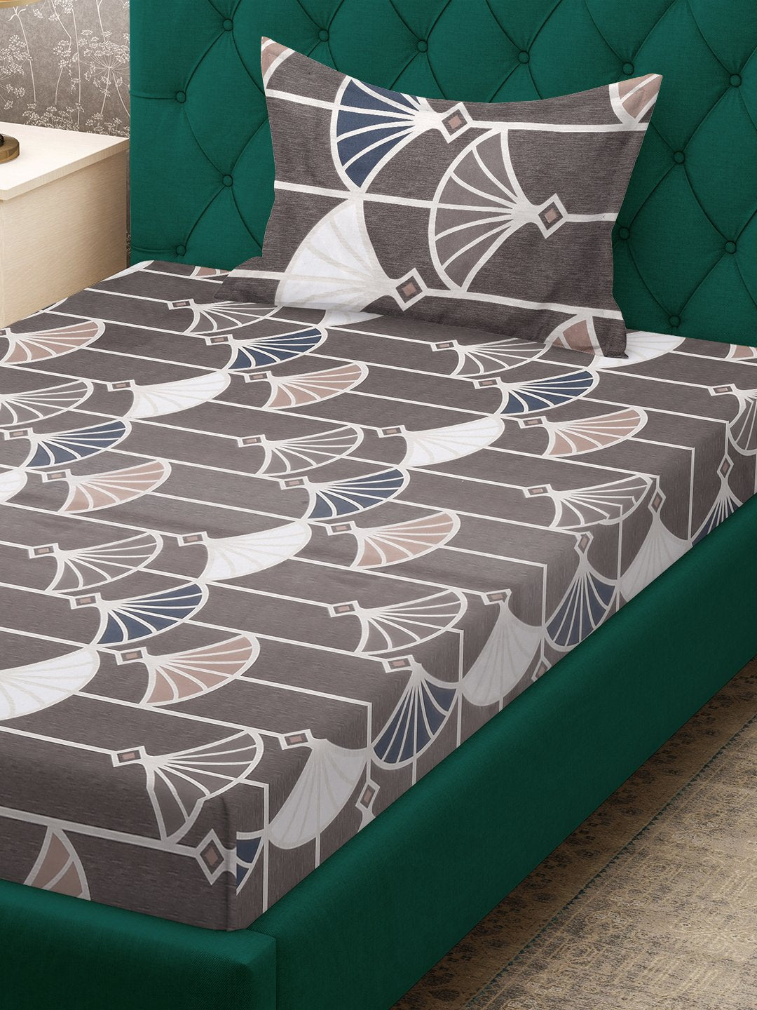 Brown Floral 300 TC Cotton Blend Fitted Single Bedsheet Set in Book Fold Packing